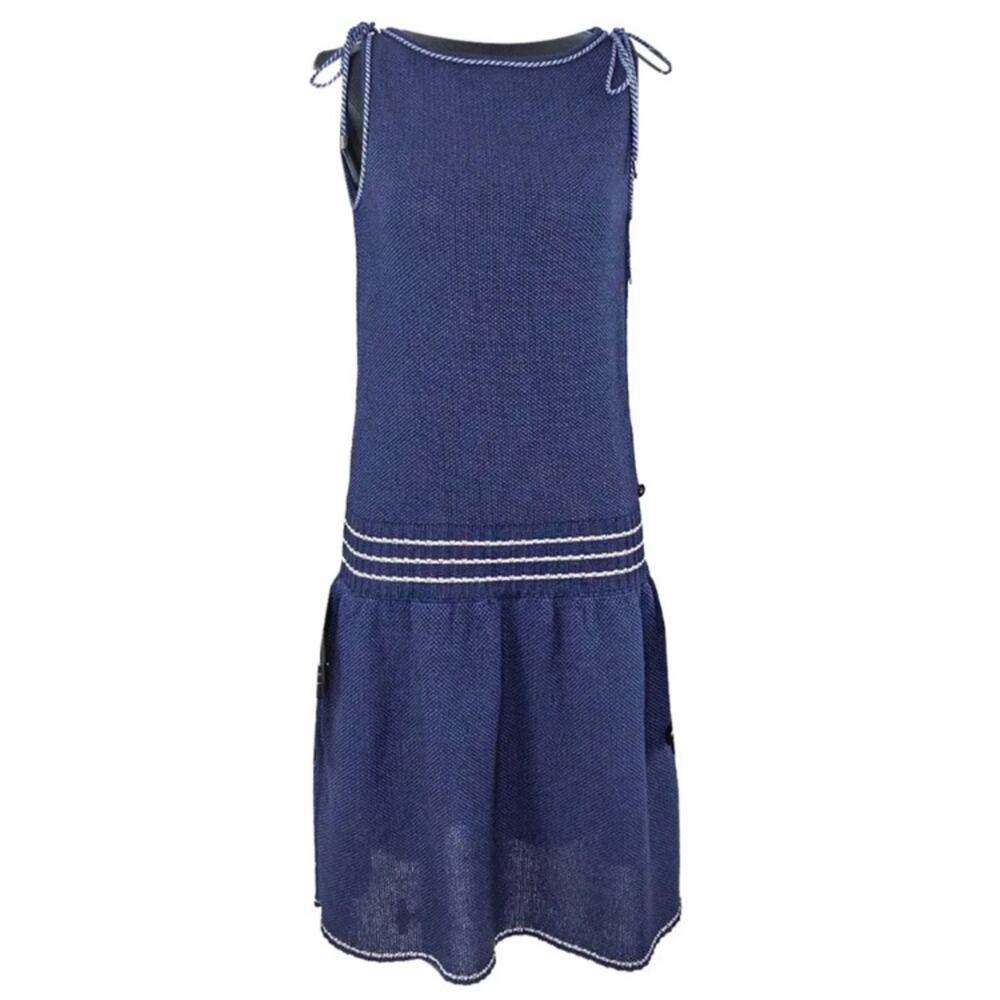 CHANEL Navy Blue Knit Yachting Dress FR 34 US 2 Cord Embellished Drop Waist CC